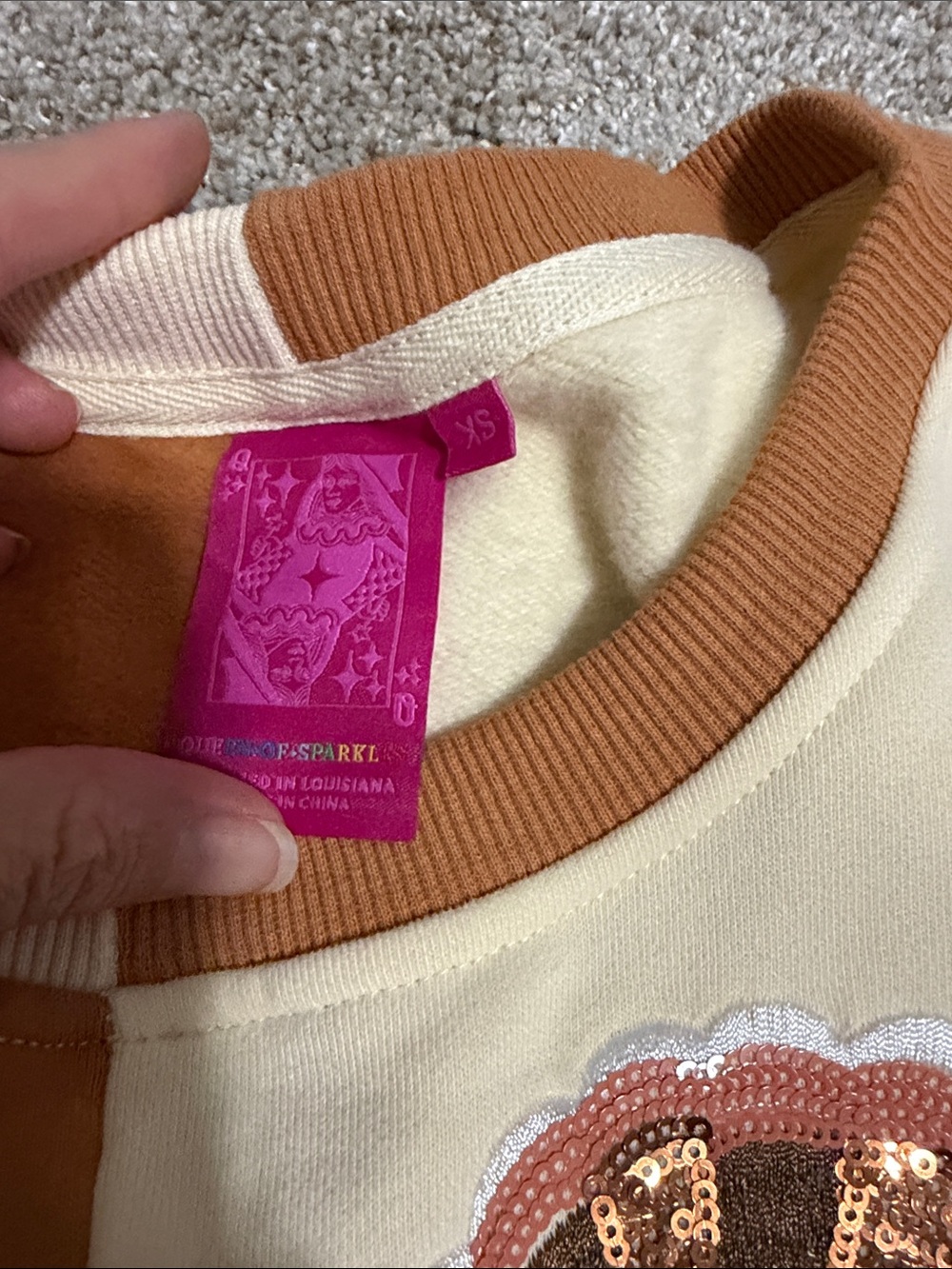 QUEEN OF SPARKLES Brown & Cream Patchwork Embroidered Sweatshirt - Picture 3 of 5